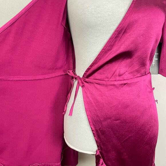 Lulu’s | NWT Magenta Ready for Romance Mini Satin Wrap Dress *RE-ATTACH BUTTONS* - Picture 7 of 12